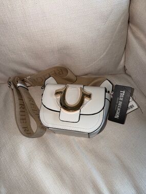 True Religion White Leather Crossbody with Gold Horseshoe Accent